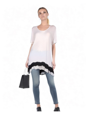 𝅺True Light White Tunic Blouse with Black Asymmetrical Trim